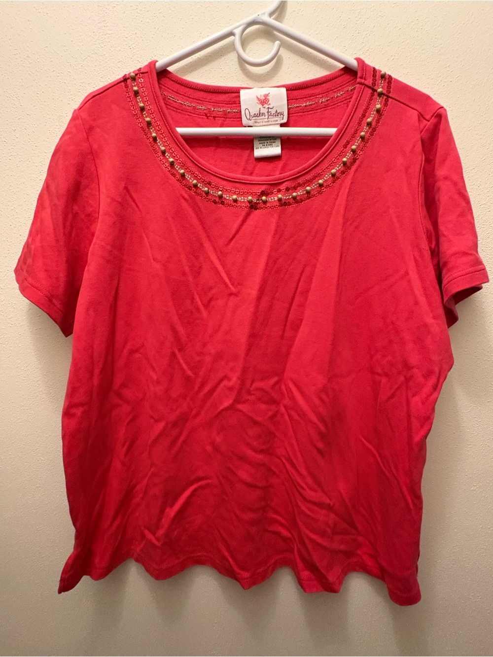 Vintage Quacker Factory Red Short Sleeve Beaded Neckline Top